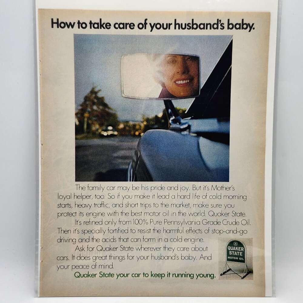 Quaker State Motor Oil Vtg 1970s LIFE Magazine Print Ad Take Care Husbands Baby